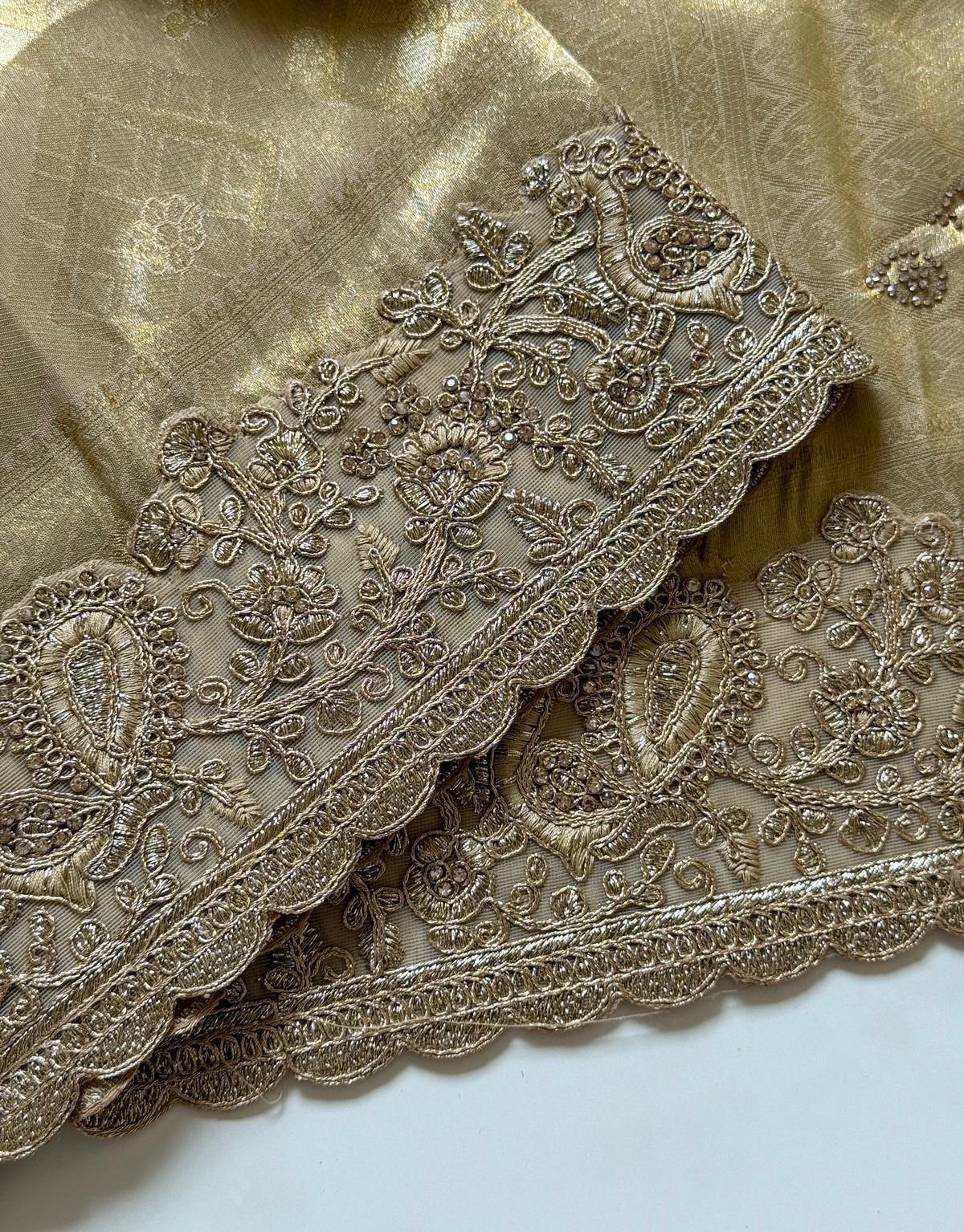 Premium Metallic Gold Soft Silk Saree with Self-Jacquard Weaving & Heavy Zarkan Embroidered Scallop Border Code-D.S.S.