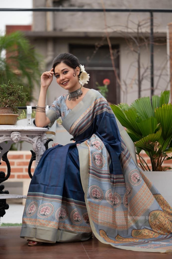 Classic Tussar Silk Blend Printed Saree with Traditional Warli Art Pallu & Zari Border Code-A.P.F.