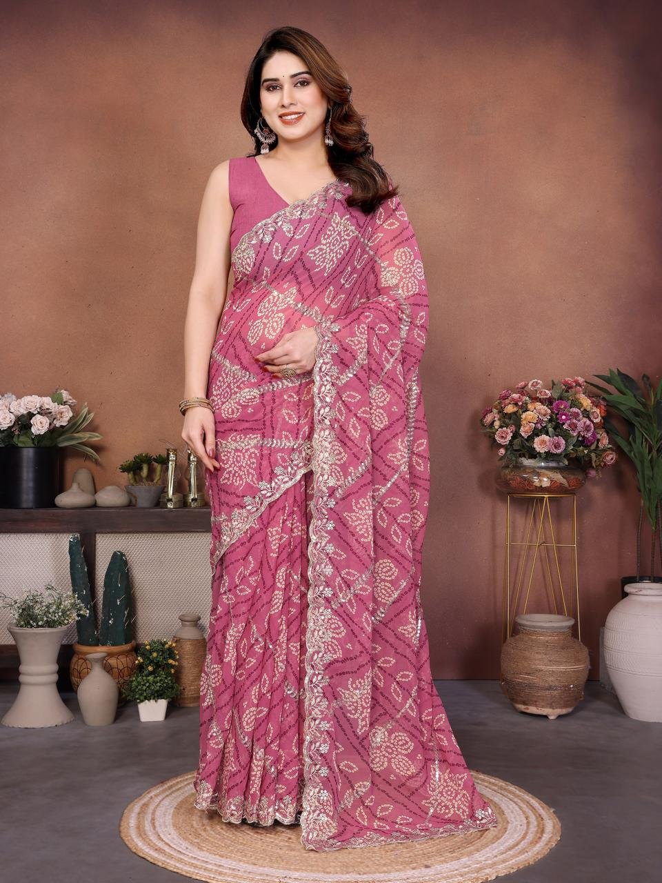 Premium Soft Georgette Bandhej Print Saree with Scalloped C-Pallu Embroidery & Cutwork Border