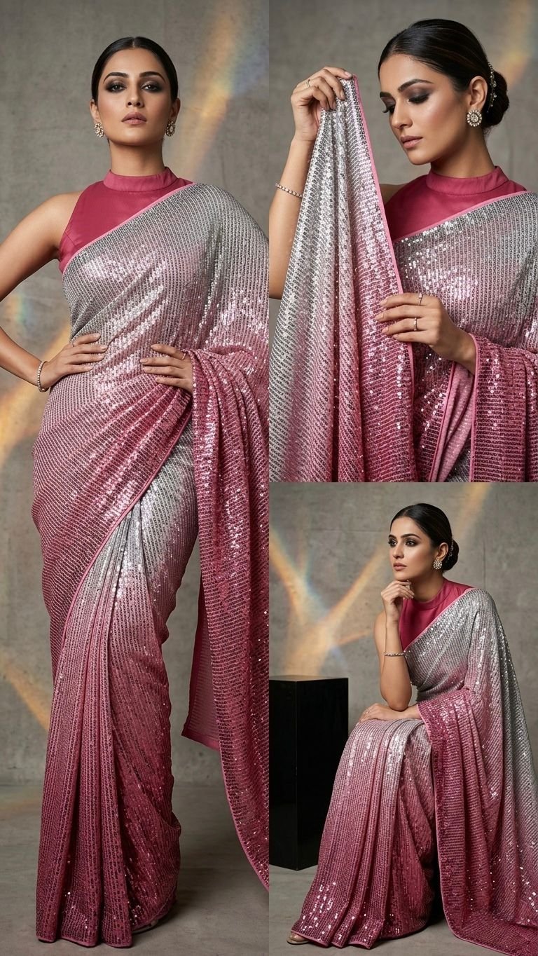 Bollywood Glamour Premium Fine Georgette Saree with All-Over Dual Sequins Work & Scalloped Border Code !! F.B.S