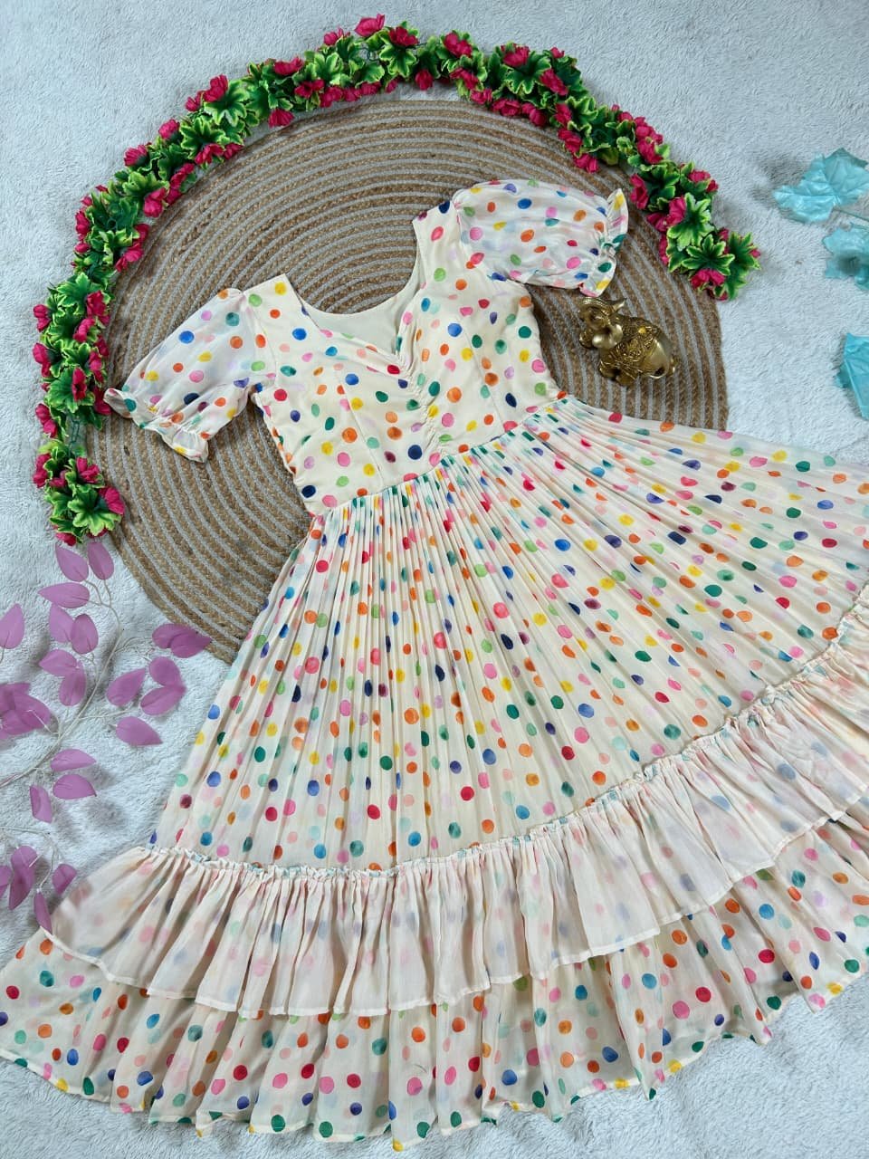 Women's Mulmul Cotton Flare Midi Gown, Checks & Polka Floral Print Festive Frock Dress Code F. B.W.