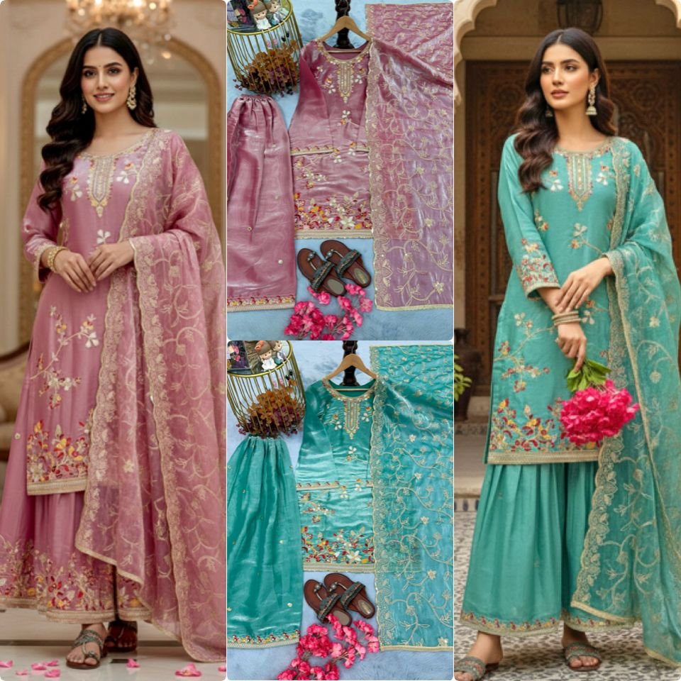 Women's Pure Gmy Silk 3-Piece Salwar Suit Set, Heavy Sequence Embroidery Top, Flared Palazzo & Cutwork Dupatta Code !! F.B.S.S