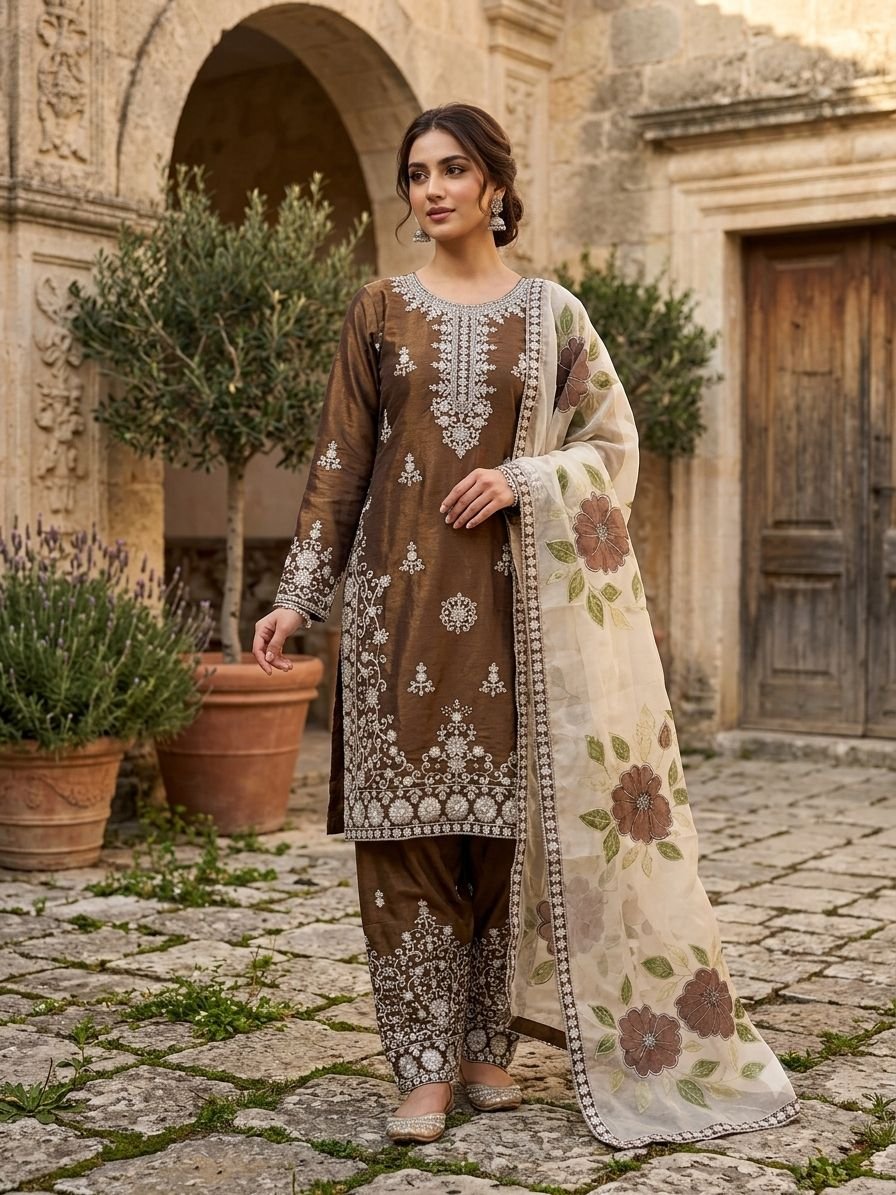 Women's Designer Gmy Silk 3-Piece Party Wear Set, Heavy Seque nce Embroidery Top, Elasticated Palazzo & Printed Organza Dupatta Code !! F.B.S.S