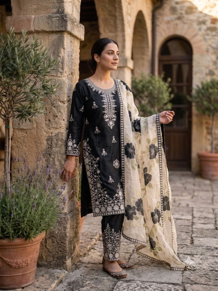 Luxury Gmy Silk Embroidered Top Palazzo Set with Printed Organza Dupatta Code !! F.B.S.S.