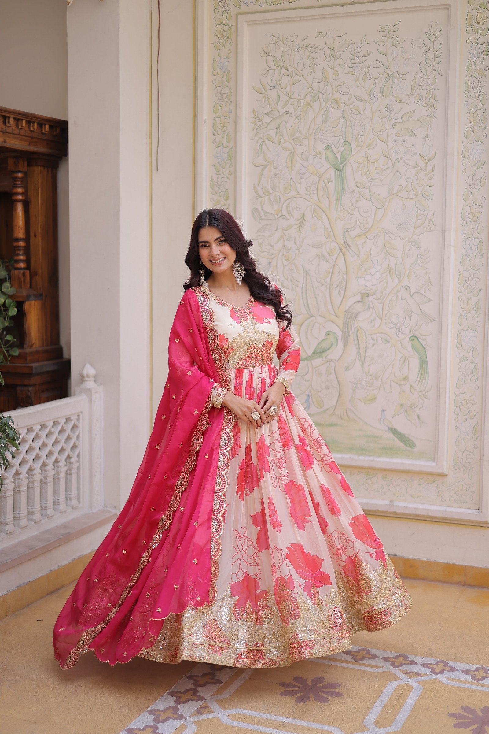 omen's Russian Silk Long Gown Dress, Fully Stitched 3-Meter Flare Anarkali Kurti with Sequins Embroidery Dupatta Set Code !! F.B.S.S.