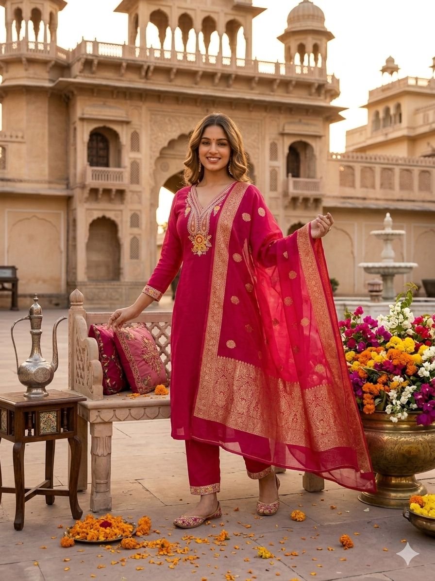 Premium Roman Silk Embroidered Kurti Pant Set – Elegant Sequence Work Salwar Suit with Cotton Silk Zari Dupatta Code-A.P.F.