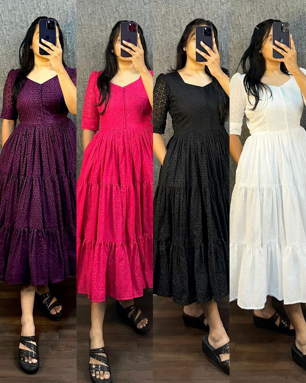 Women's Hakoba Cotton Trending 3-Layer Midi Dress, Casual Short Sleeve Flared Gown with One-Side Pocket Code-A.P.F. 