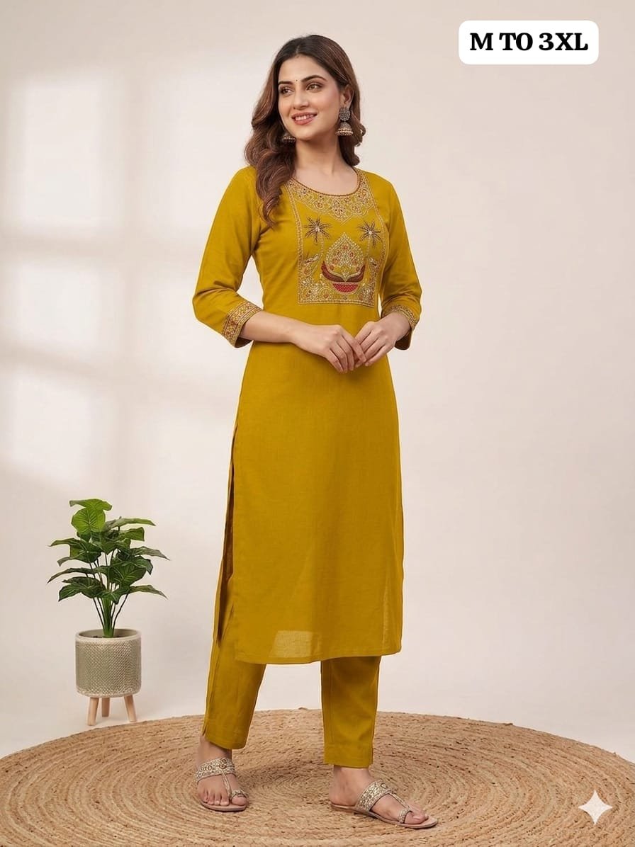 Women's Dhabu Cotton Indigo Printed 2-Piece Kurti Set, Front & Back Embroidery Straight Kurti with Pants Code !! F.B.K.