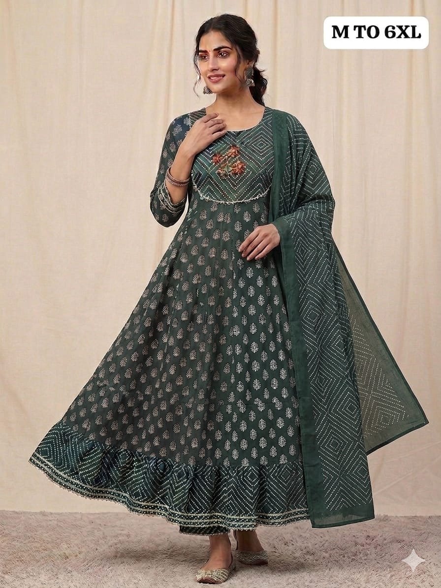 Women's Pure Cotton Flare Anarkali Gown Dress with Matching Dupatta Set Code !! F.B.K.