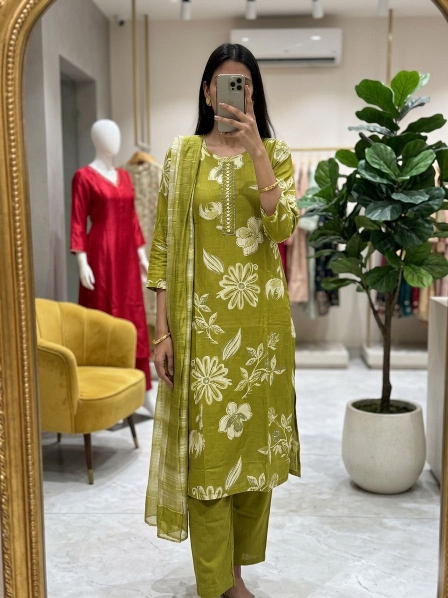Women's Textured Cotton 3-Piece Salwar Suit Set, Foil Print Kurti with Pocket Pants & Zari Border Dupatta Code-A.P.F. 
