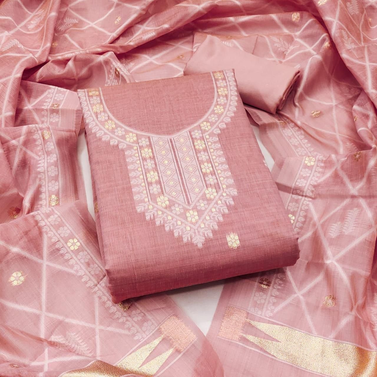 Aura Chanderi Jacquard Unstitched Suit Set with Woven Zari Embroidery Code-A.P.F.