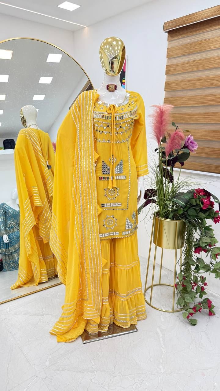 Aadhya Fox Georgette Sharara Suit Set with Real Mirror Work Code F.B.S.S.