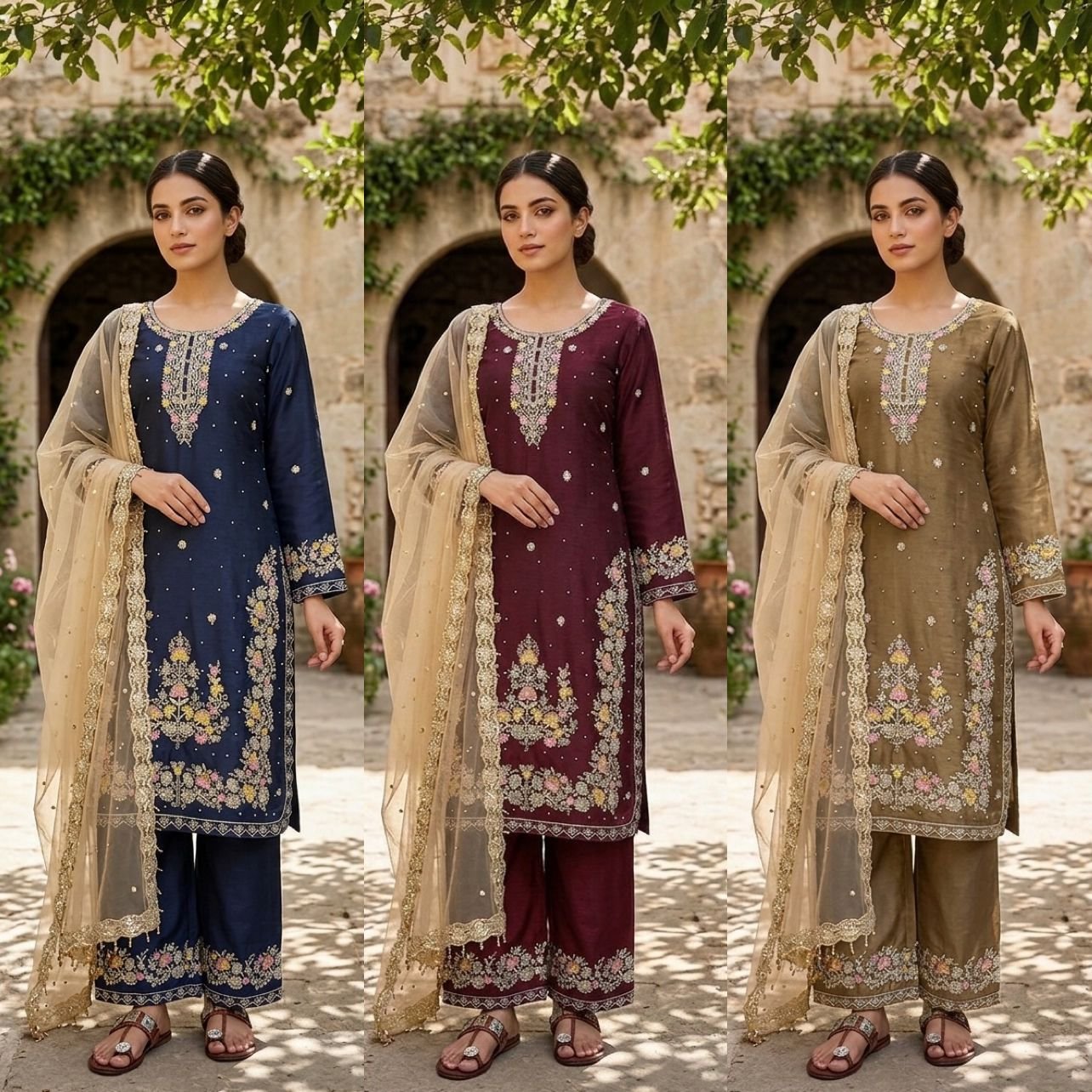 Ananya Embroidered GMY Silk Kurta Palazzo Set with Net Dupatta Code !! F.B.S.S.