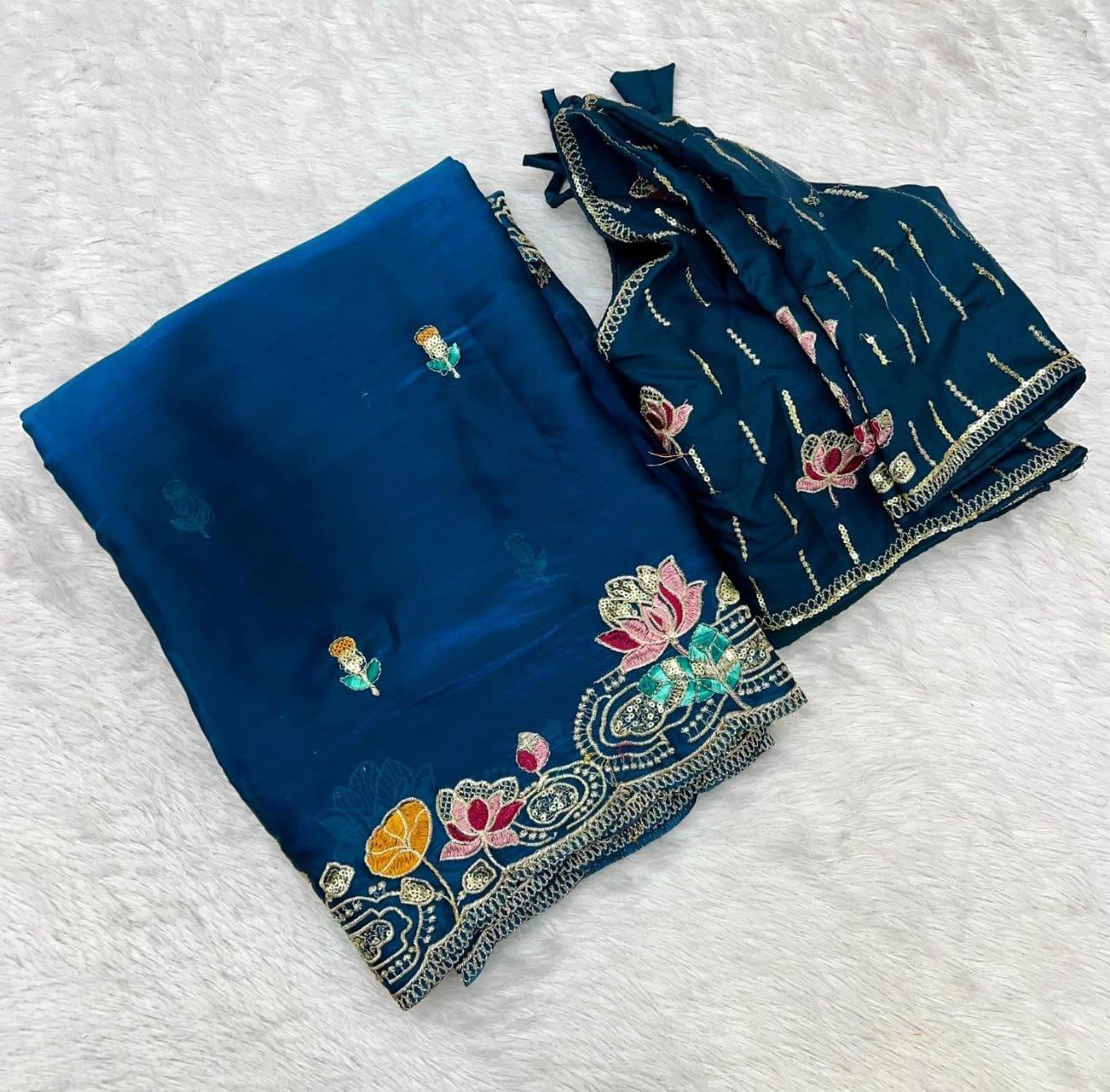 Pure Soft Jimmy Choo Fabric Saree | Heavy Sequins & Multi-Thread Floral Work Saree Set Code-V.F.