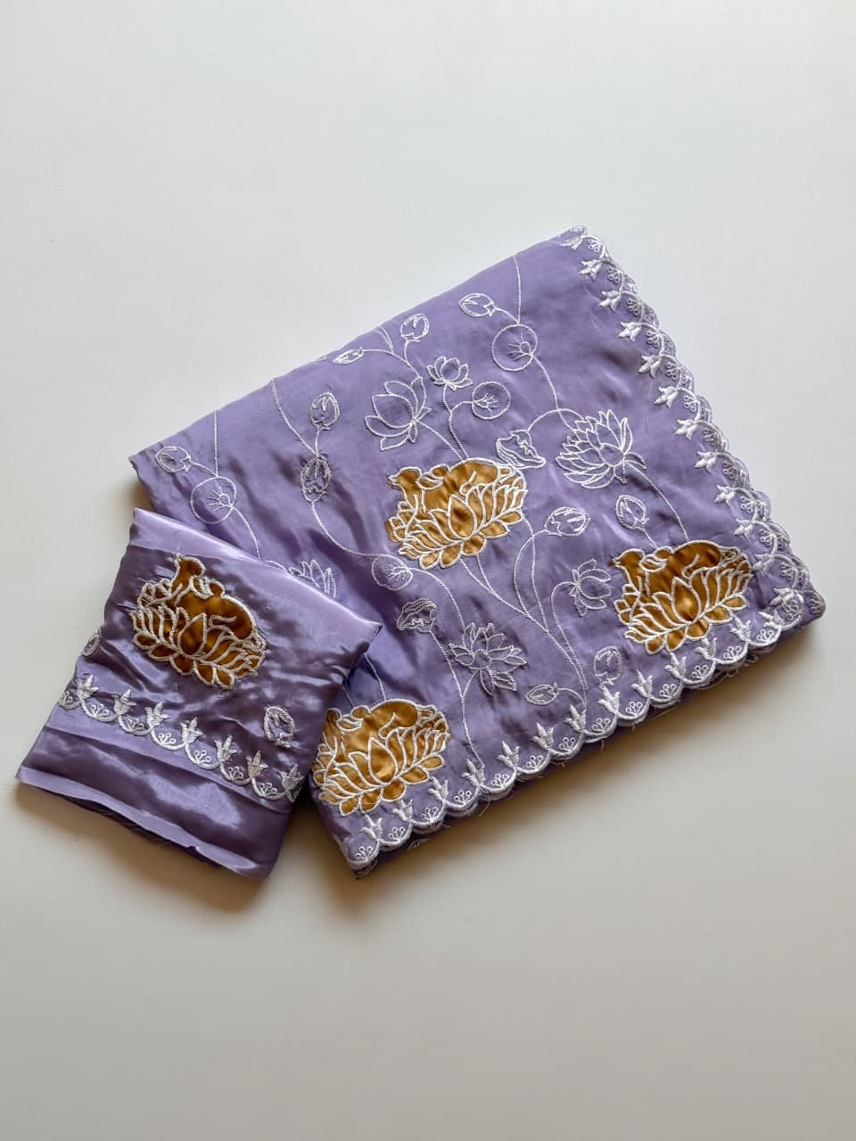 Premium H.O Silk Floral Applique Embroidery Saree | Cutwork Border Ethnic Saree Set Code-V.F.