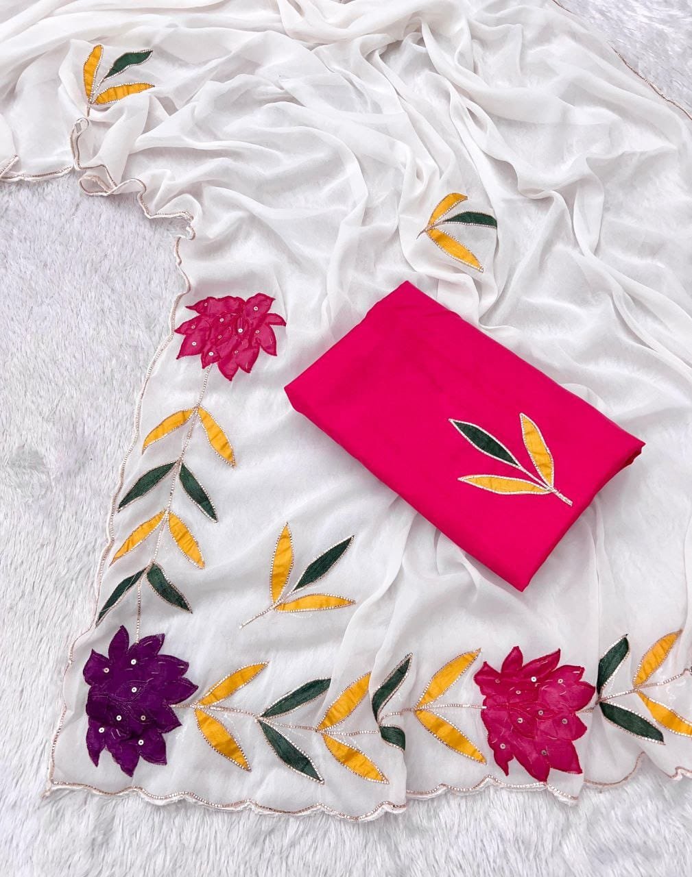 Handcrafted Floral Embroidery Star Georgette Saree | Premium Jaipur Silk Pesh Butta Blouse Code-V.F.