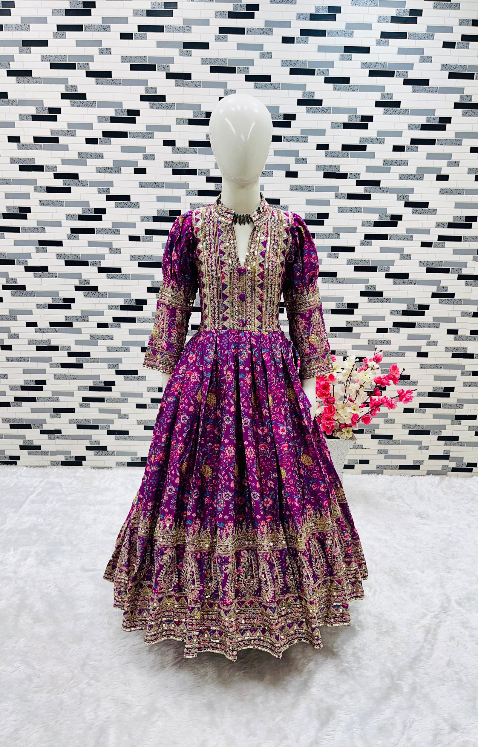 Designer Kids Wear Chinon Silk Digital Printed Gown with Embroidery Sequence Work and Net Dupatta Set  COAD:- D.S.S.