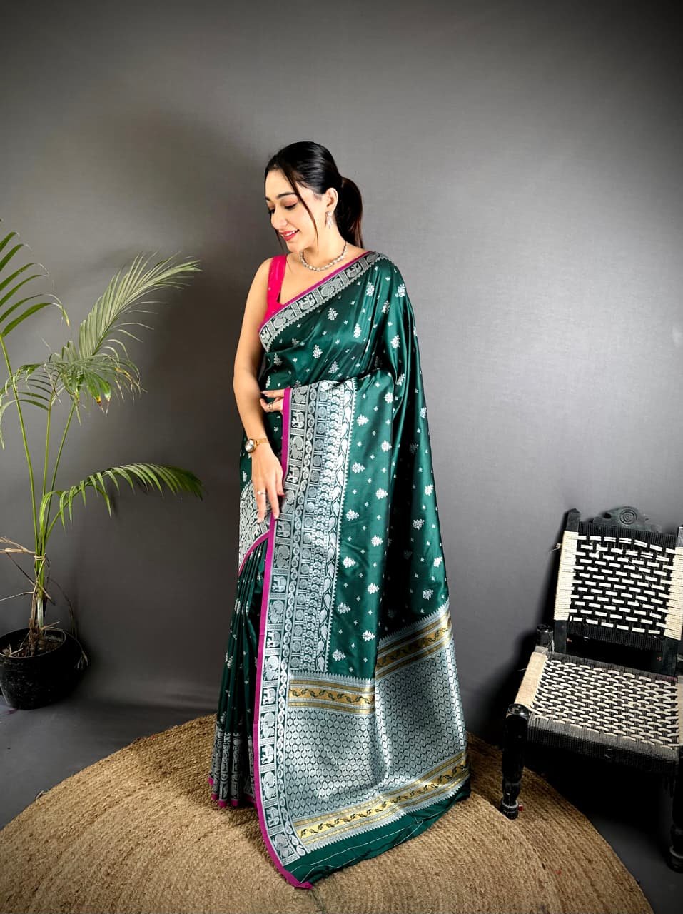 Traditional Banarasi Silk Saree with Elegant Silver Zari Weaving and Rich Designer Pallu Code-D.S.S.