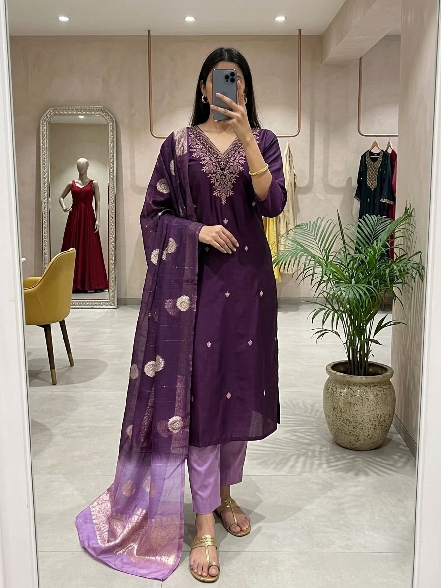 Women's Premium Roman Silk Embroidered Kurta Pant Set with Dual-Tone Banarasi Dupatta Code-D.S.S.