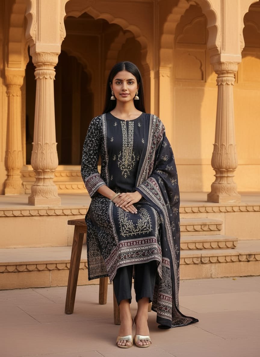 Women's Premium Cotton Pakistani Printed Kurta Pant Set with Sequins Embroidery and Matching Cotton Dupatta