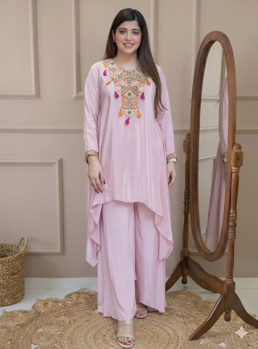 Premium French Silk Peplum Kurti and Sharara Palazzo Set with Elegant Neck Work Code-D.S.S.