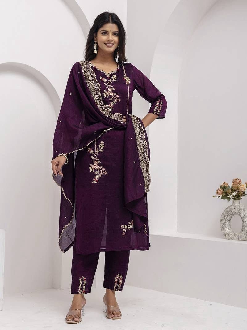 Women's Premium Vichitra Silk Embroidered Kurta Pant Set with Matching Heavy Embroidery Dupatta Code-D.S.S