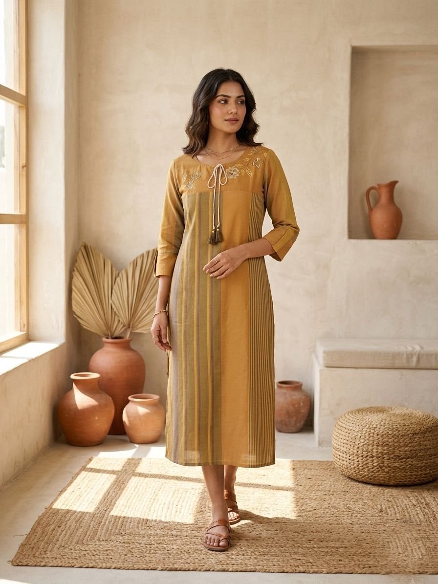 Women's Premium Handwoven Striped Kurti with Intricate Artisanal Yoke Hand Embroidery Code-D.S.S.