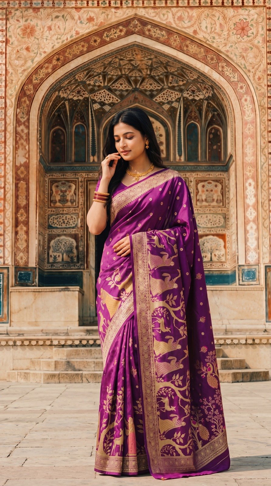 Traditional Banarasi Soft Silk Saree with Woven Meenakari Motif Work and Jacquard Blouse Piece Code-D.S.S.