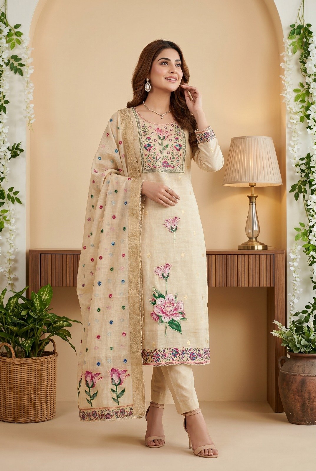 Pure Banarasi Cotton Hand-Embroidered Salwar Suit Set with Matching Banarasi Dupatta Code !! F B.S.S.