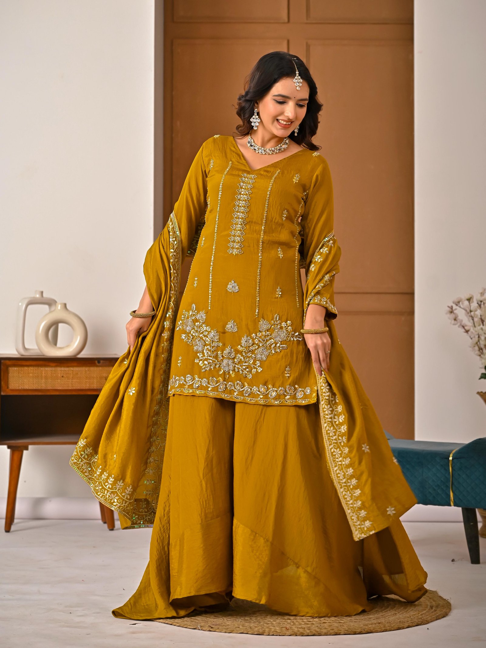 Designer Heavy Vichitra Silk Fully Stitched Sharara Palazzo Suit Set with Sequined Dupatta Code !! F.B.S.S.