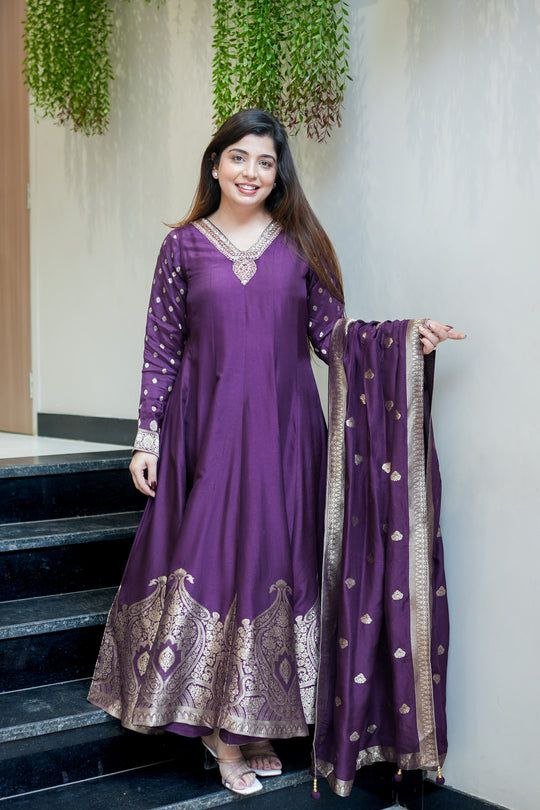 Aadhya Premium Chanderi Anarkali Set with Banarasi Zari Weaving & Hand-Embroidered Neckline CODE :- F.B.K