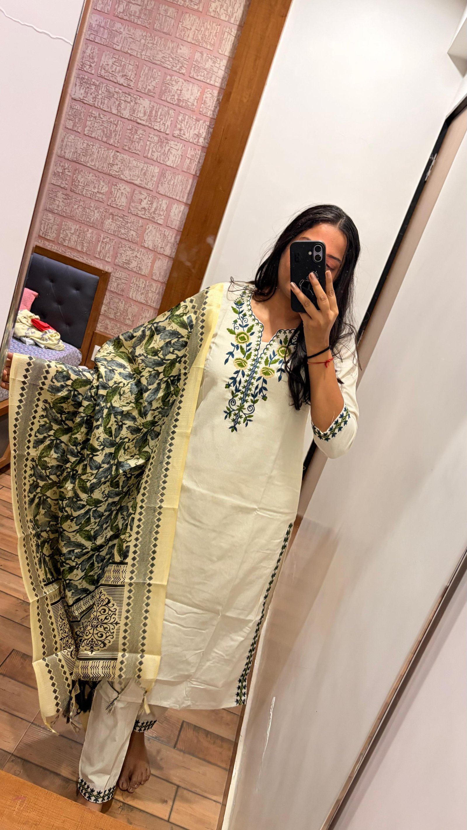 Varanasi Handloom Khadi Cotton Embroidered Kurti Pant Set with Bhagalpuri Print Dupatta Code !! F.B.K.