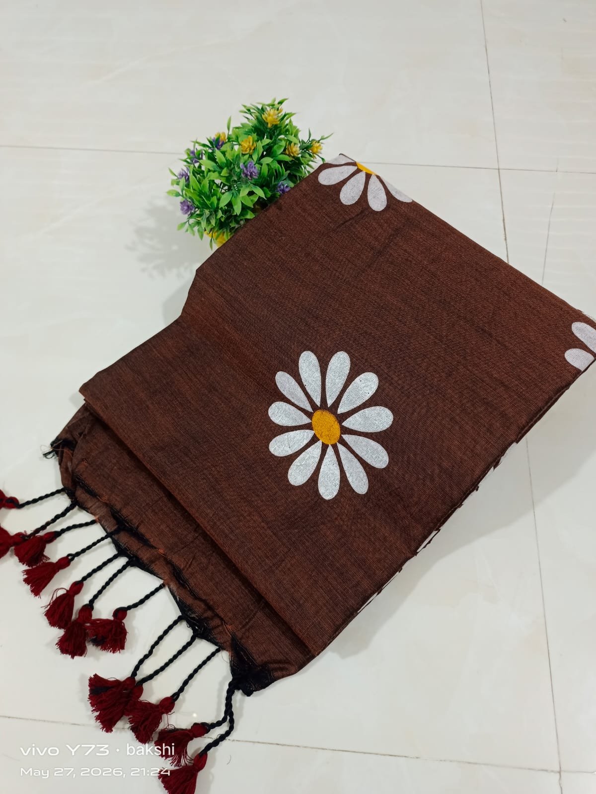 Authentic Handloom Khadi Cotton Sunflower Saree with Hand-Woven Pom-Pom Tassels