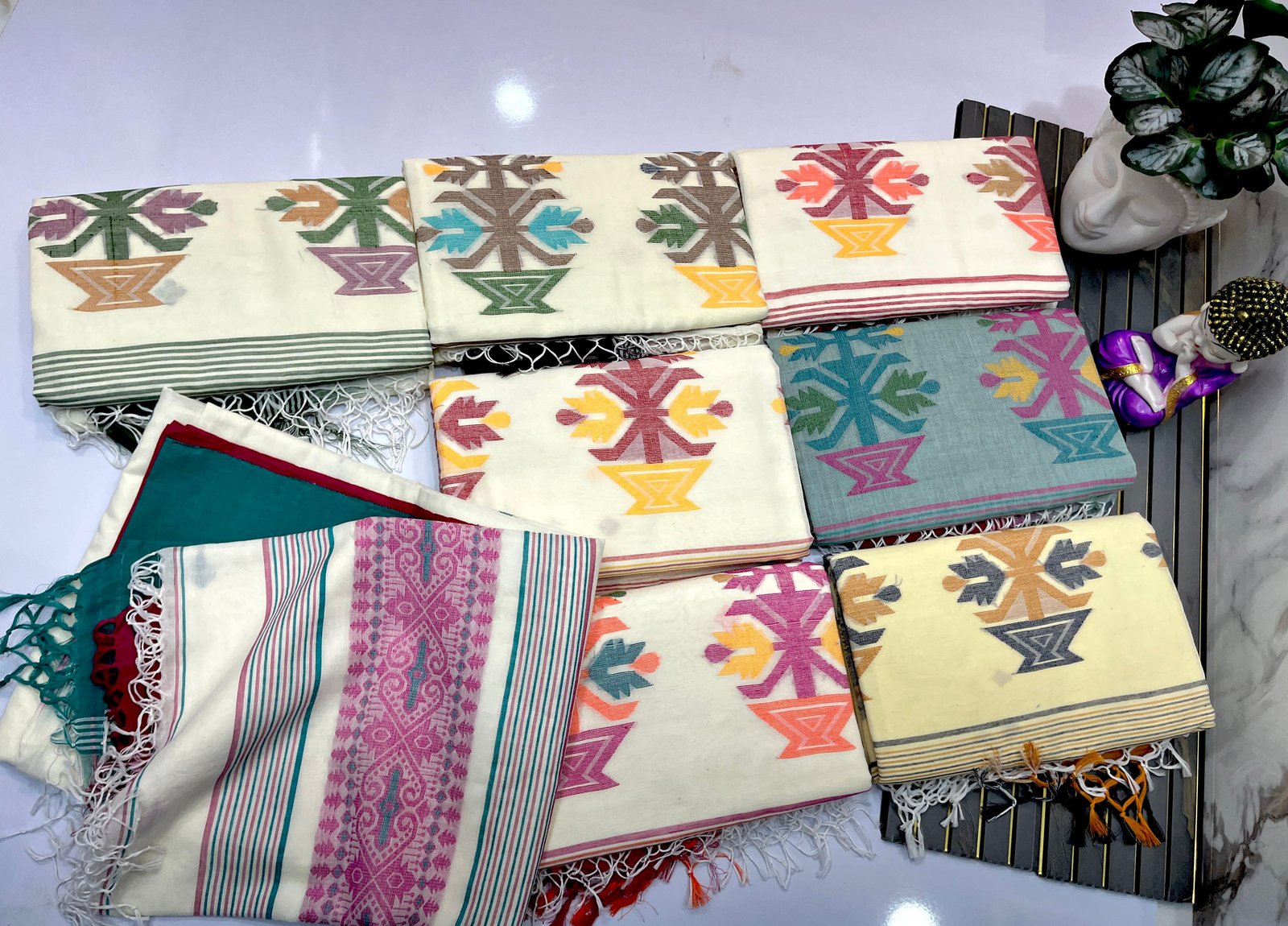 Premium Pure Cotton by Cotton Handwoven Jamdani Saree with Matching Blouse Piece Code!! T.T.G.C.
