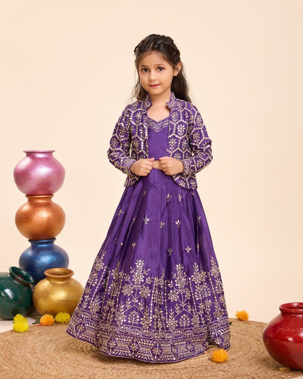 Kids Designer Chinon Silk Lehenga Choli with Embroidered Koti Jacket Set (Code: F. B.K.)
