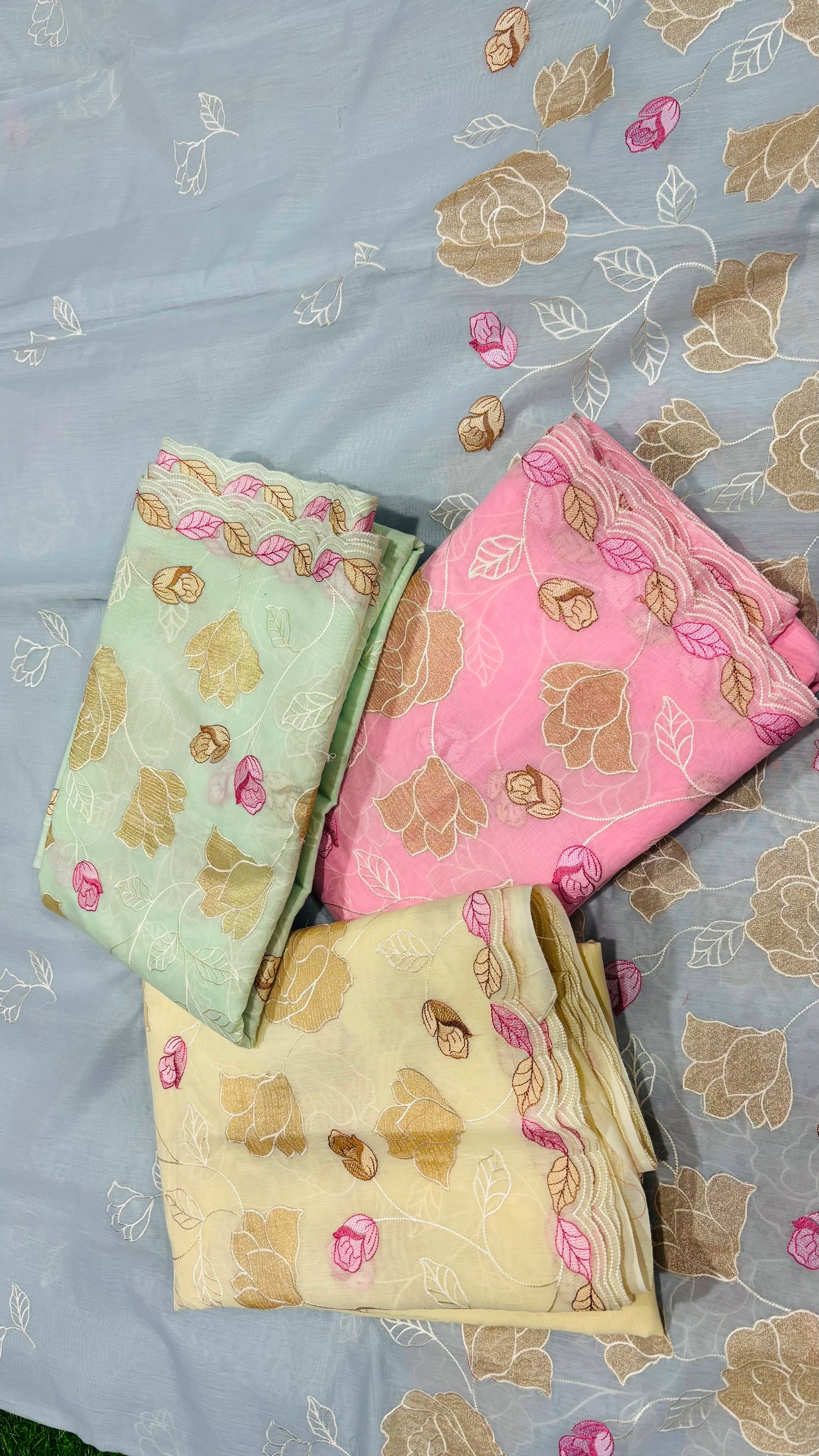 Premium Mal Chanderi Cotton Saree with Scalloped Floral Embroidery and Matching Blouse Piece (Code: B.H.C.)