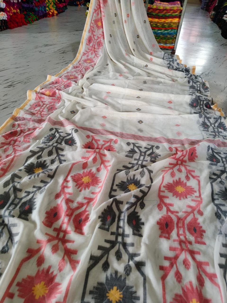 Premium Handloom Mulmul Cotton Saree with Traditional Woven Tribal-Geometric Motifs (Code: T.T.G.C.)