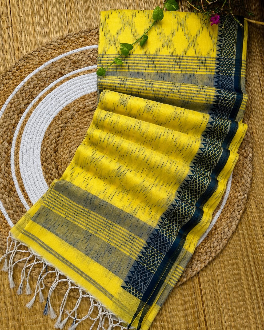 Premium Pure Cotton Handwoven Saree with Traditional Temple Border and Contrast Pallu (Code: T.T.G.C.)