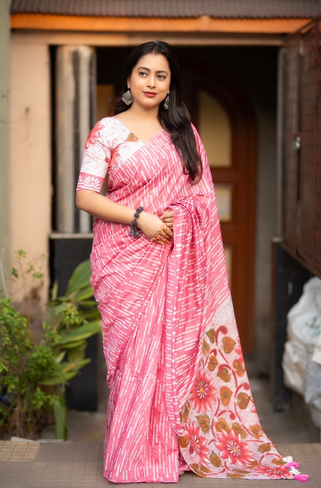 Premium Pure Chanderi Saree with Silky Batik Prints and Hand-Painted Kalamkari Style Pallu (Code: A.P.F.)