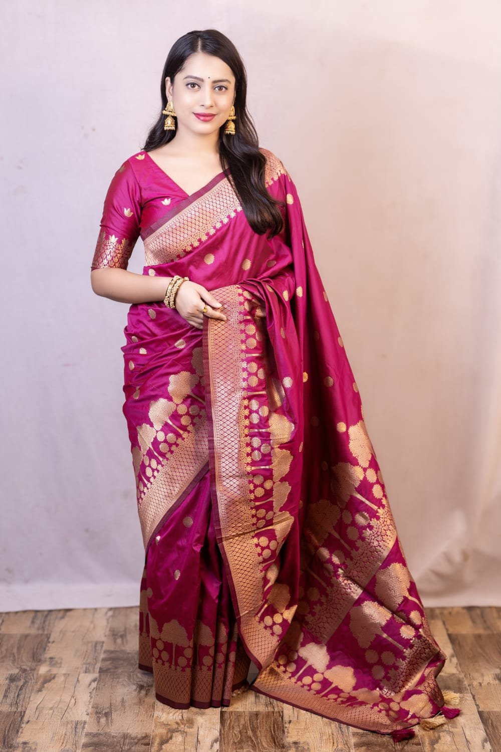 Premium Banarasi Tree Pattern Soft Silk Zari Woven Saree with Rich Pallu and Tassels (Code: A.P.F.)