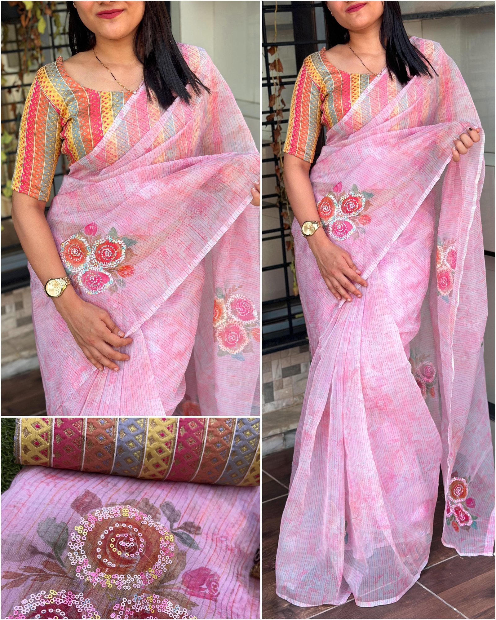 Premium Soft Organza 3D Digital Printed Saree with Hand Sequence Work & Multi-Thread Minakari Jacquard Blouse (Code: A.P.F.)