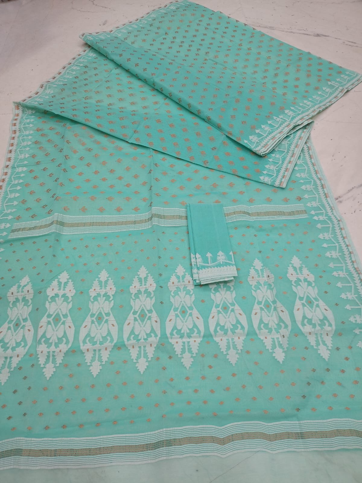 Premium Bengal Jamdani Cotton Saree with Traditional Weven Motifs and Rich Pallu Code !! T.T.G.C.
