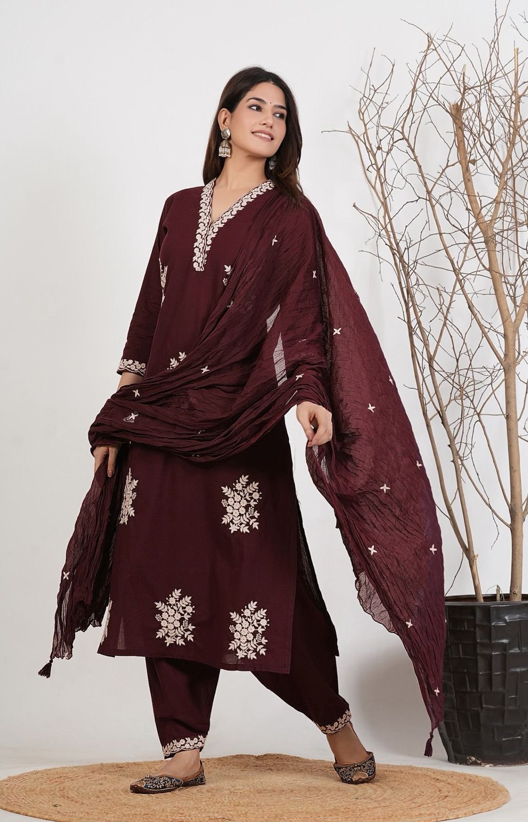 Elegant Roman Silk Three-Piece Suit Set with Floral Embroidery and Chanderi Dupatta Code F.B.K.
