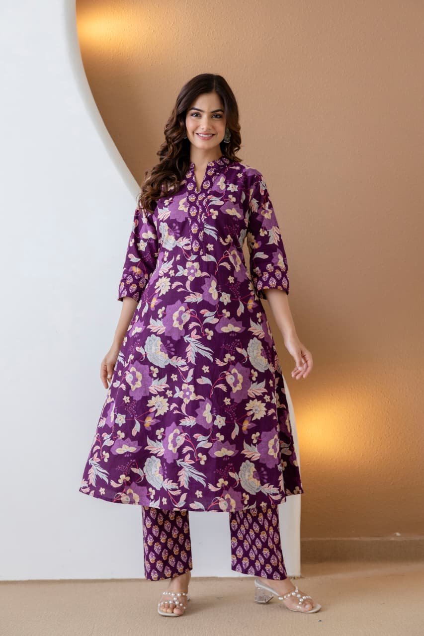 Jaipuri Floral Printed Pure Cotton A-Line Kurta and Pant Co-Ord Set Code !! F.B.K.
