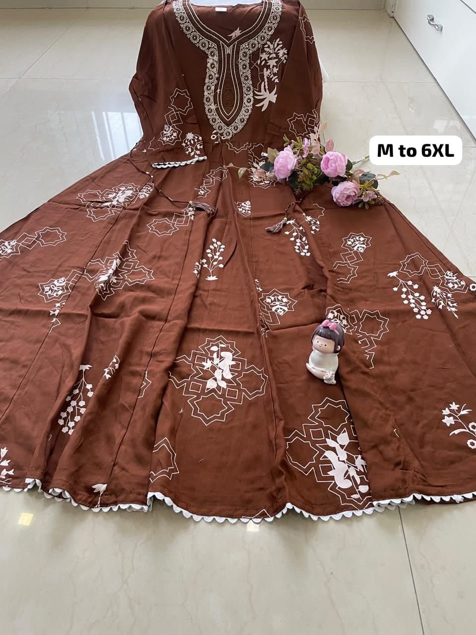 Premium Rayon Printed Anarkali Gown with Handcrafted Embroidery Yoke and Tassels Code !! F.B.K.