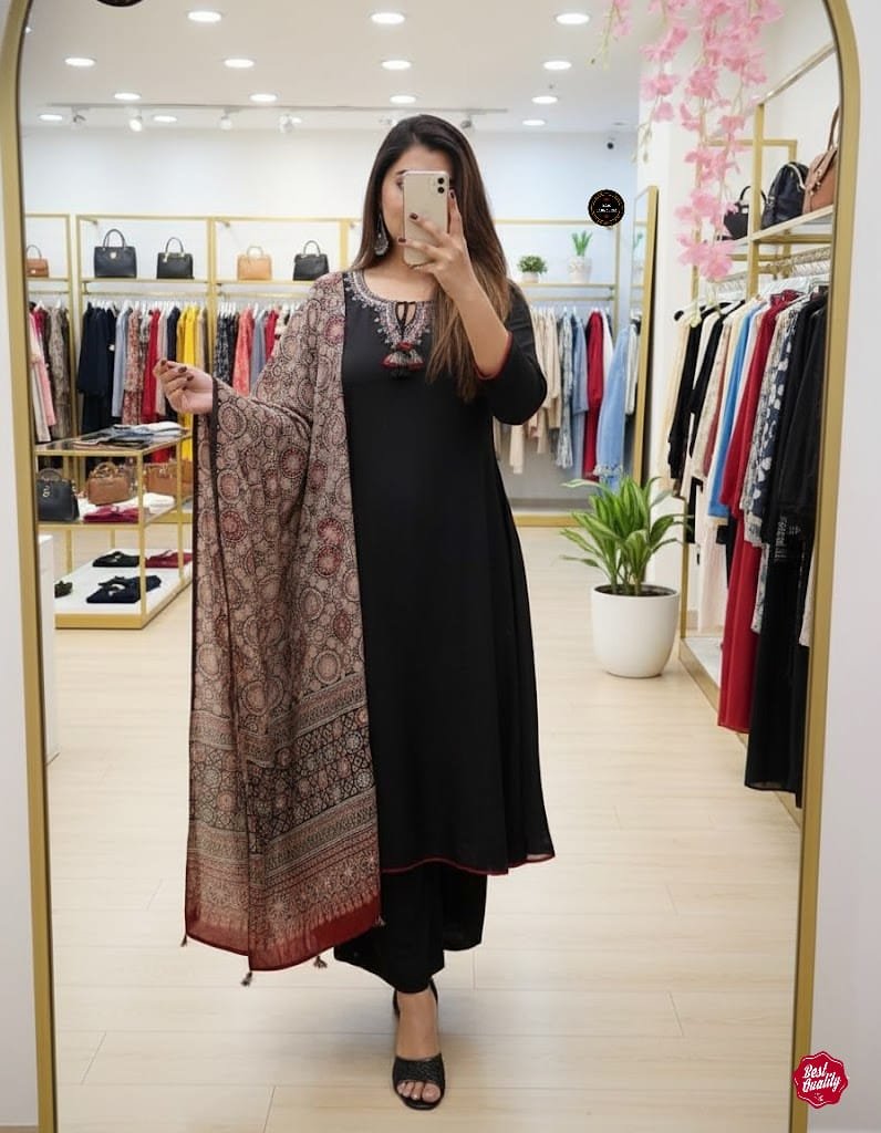 Premium Viscose Anarkali Suit Set with Hand-Embroidered Neckline and Printed Chanderi Dupatta Code !! F.B.K.