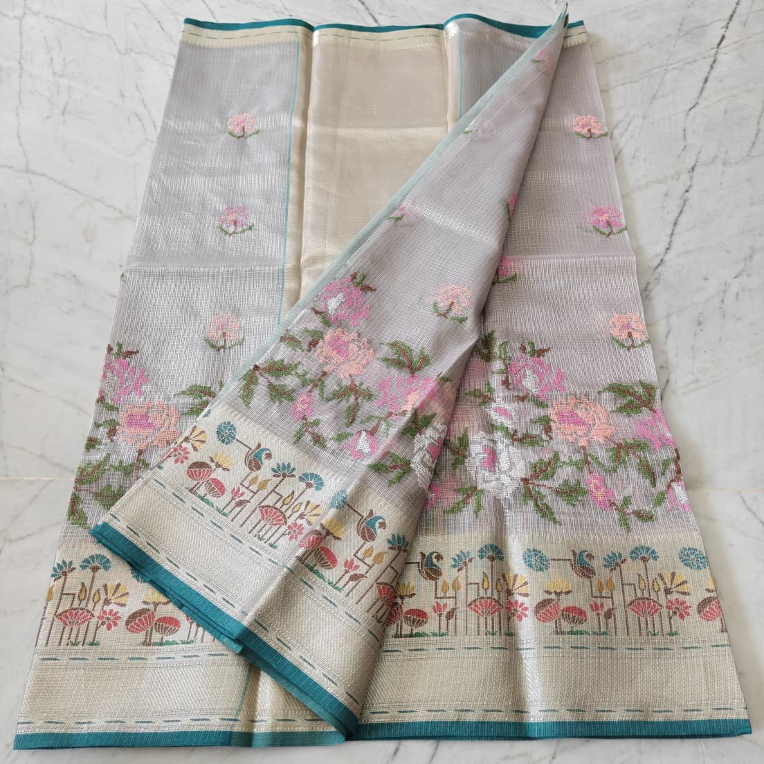 Premium Kota Doria Tissue Saree with Metallic Zari Weaving and Floral Embroidery Code-K.S.M