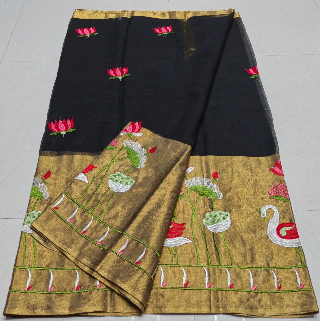 Premium Kota Doria Tissue Saree with Metallic Zari Borders and All-Over Floral Embroidery Code-K.S.M.