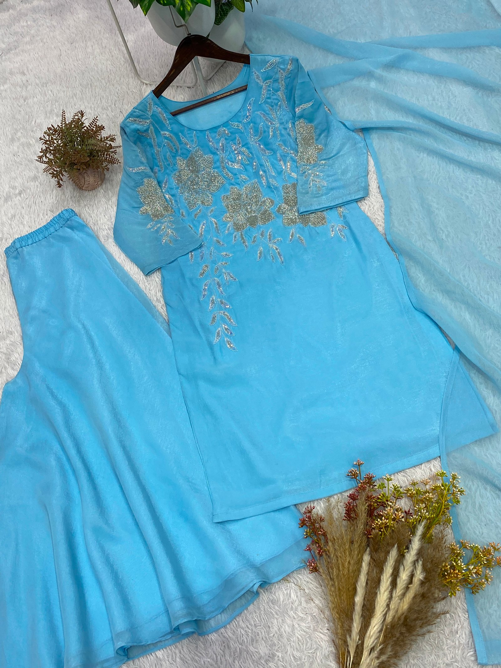 Cyan Sparkle Crunchy Silk Sharara Set with Beads Embroidery Code !! F.B.K.