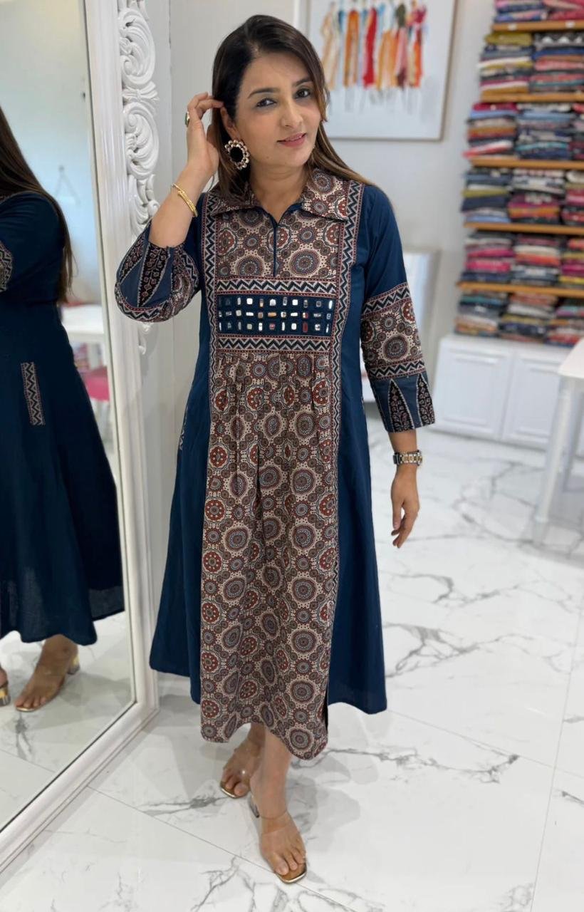 Paridhan Banarasiya Pure Cotton Ajrakh Print Flare Gown with Mirror Work Code !! F.B.K.